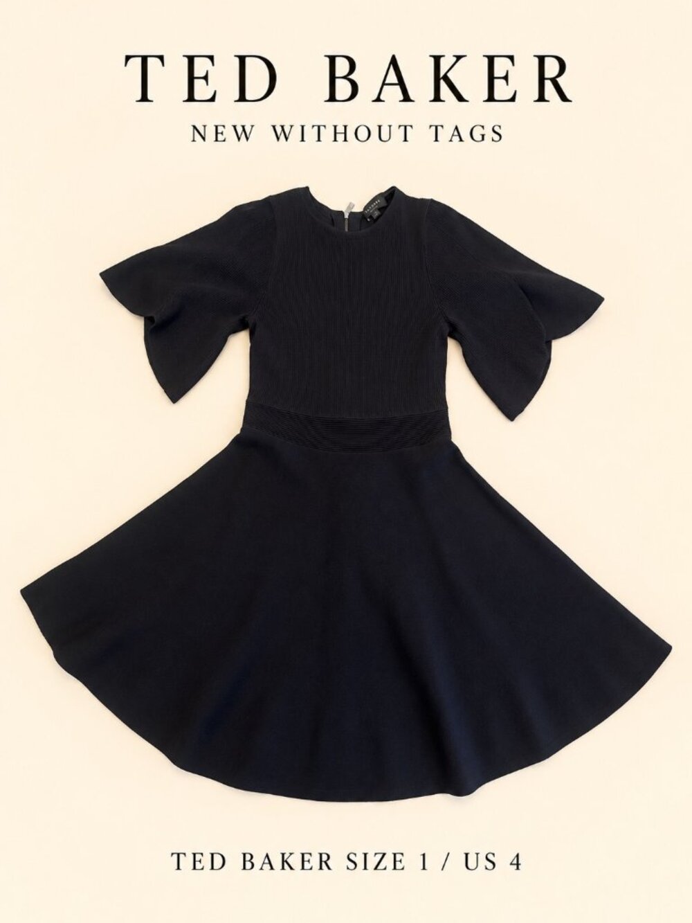 Ted Baker Black Flutter Sleeve Fit & Flare Dress US 4 New Without Tags